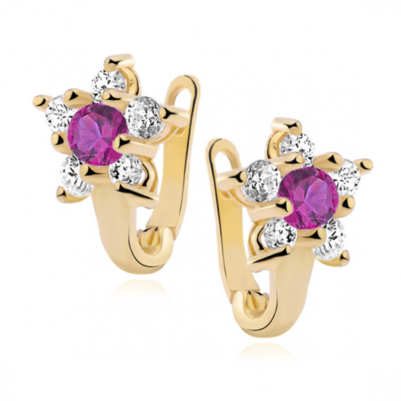 Silver earrings with ruby zircon SENTIELL, Gold-plated flower