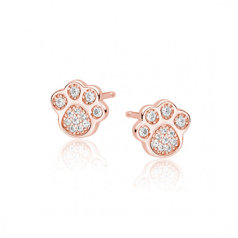 Rose gold-plated silver earrings SENTIELL, Dog/cat paw with white zircons