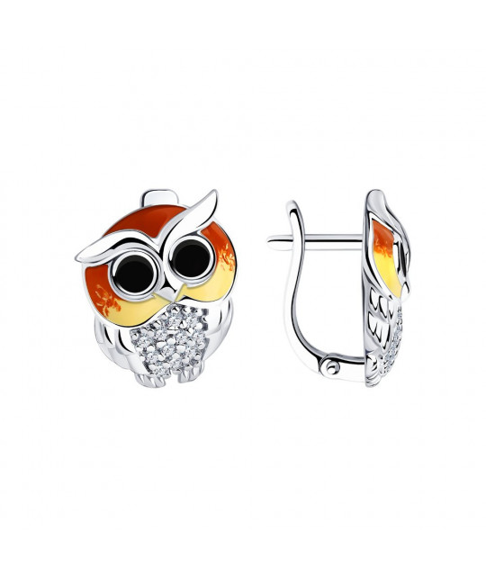 Earrings in silver with enamel and cubic zirkonia SOKOLOV, Owl