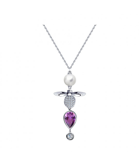 Silver necklace SOKOLOV with synthetic pearls, glass-ceramic glass and cubic zirconias