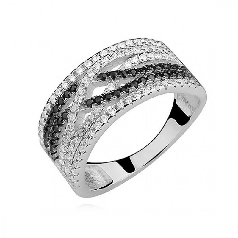 Silver ring SENTIELL with white and black zircons, EU-14