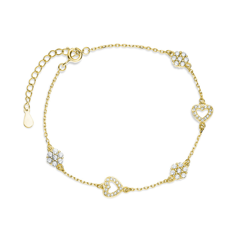 Gold-plated silver bracelet SENTIELL, Flowers and hearts with white zircons