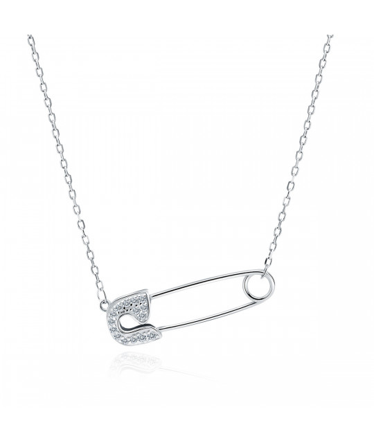 Silver necklace SENTIELL with zircons, Safety-pin