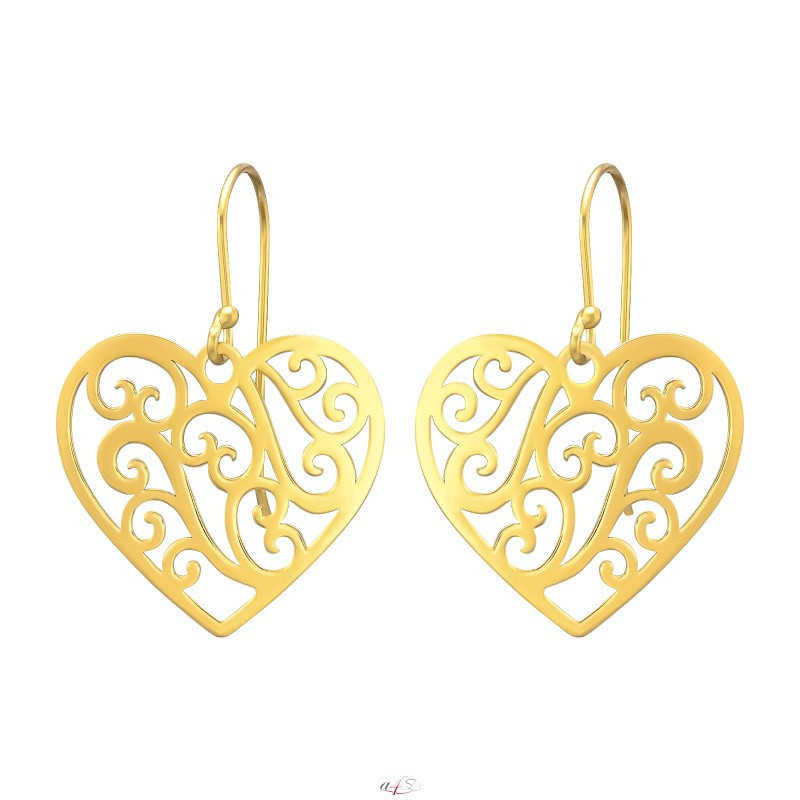 Silver plain earrings, Golden heart filigree