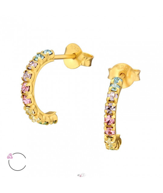 Gold-plated silver earrings, Half Hoop with multicolor crystals