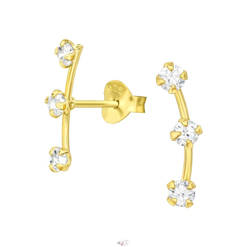 Gold-plated silver ear stud, 3 Zircons in line