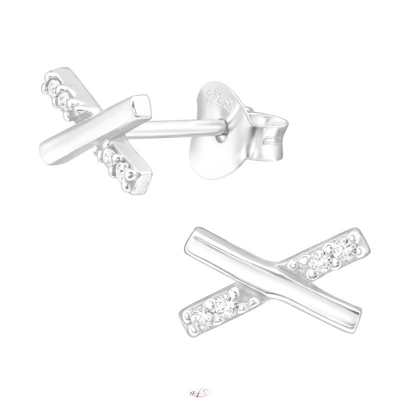Silver earrings with zirconia stones, X Cross