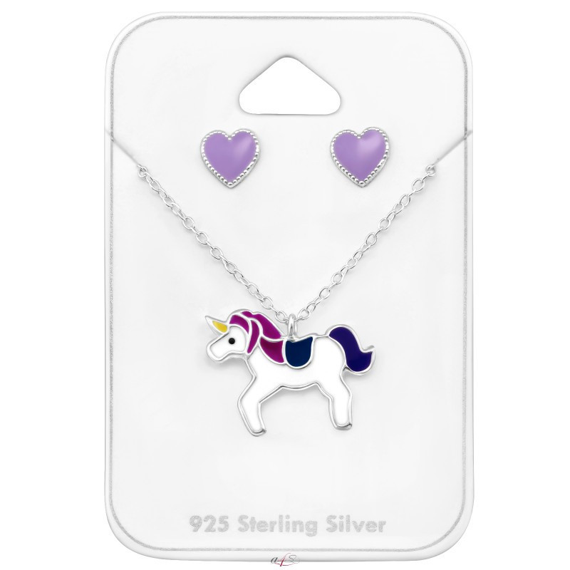 Silver jewellery set for kids, Unicorn and Heart
