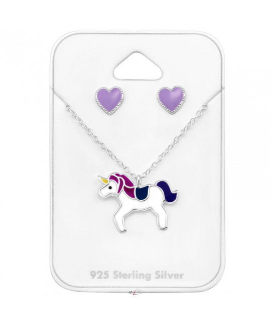 Silver jewellery set for kids, Unicorn and Heart