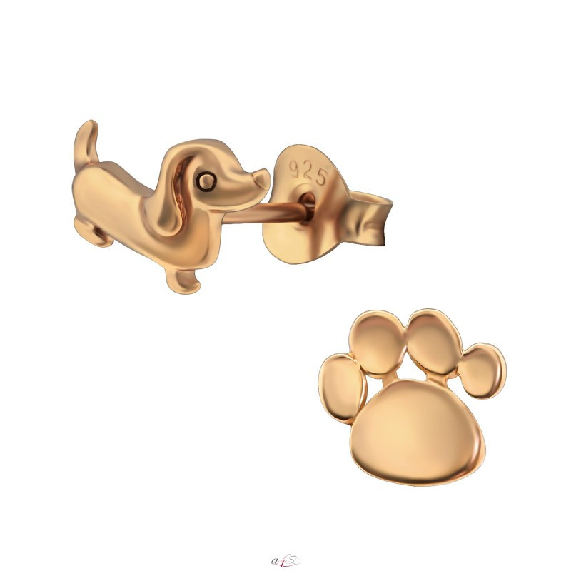 Gold-plated silver earrings without stones, Dog and paw print