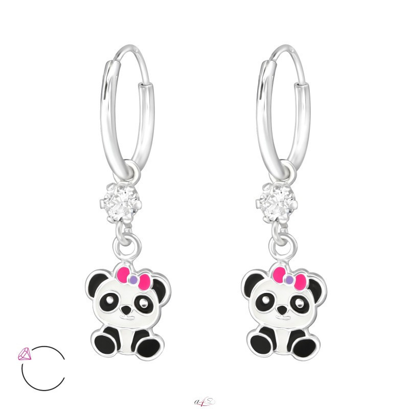 Silver children earrings, Hanging panda