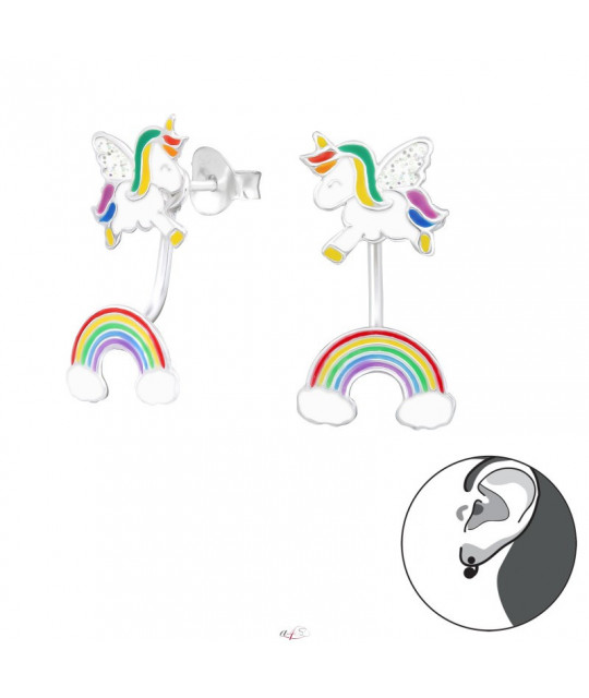 Silver double-sided earrings, Unicorn with hanging Rainbow