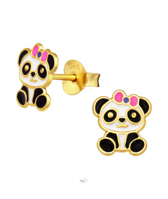 Silver earrings with enamel, Golden Panda with bow