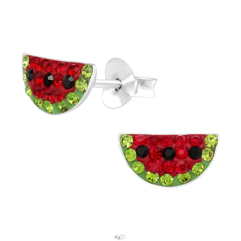 Silver earrings with crystals, Watermelon