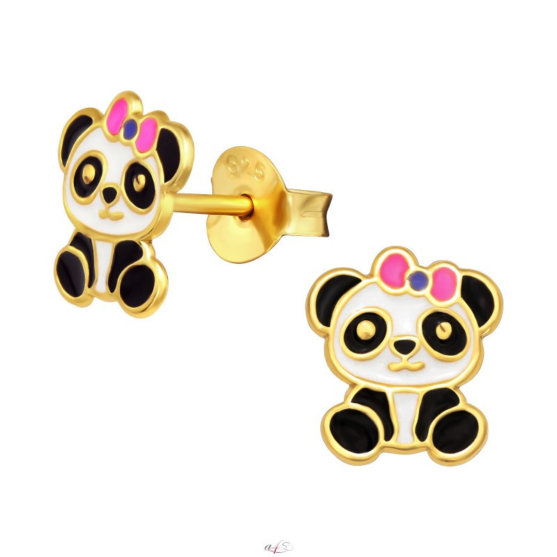 Silver earrings with enamel, Golden Panda with bow