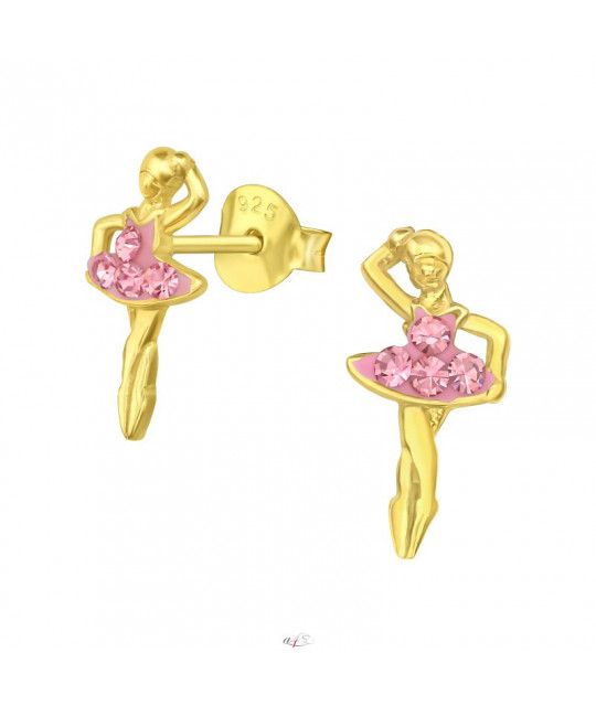 Серебряные серьги с кристаллами Золотая балерина с розовыми кристаллами