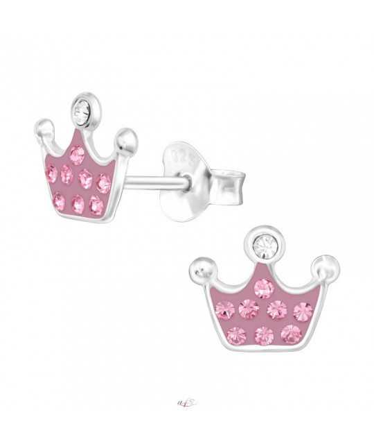 Серебряные серьги с кристаллами и цирконием, Розовая корона принцессы