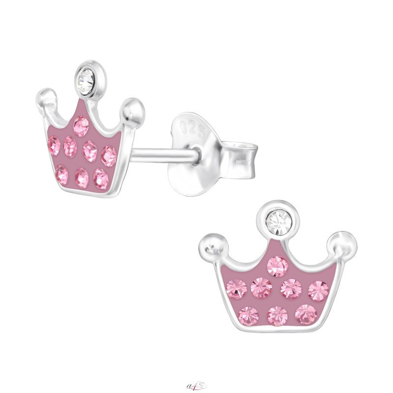 Silver ear studs with Crystals & Zirconia, Pink princess crown