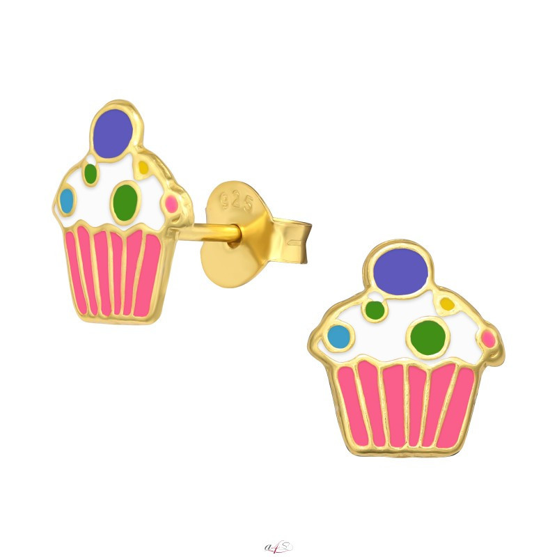 Silver earrings with Enamel, Golden Cupcake