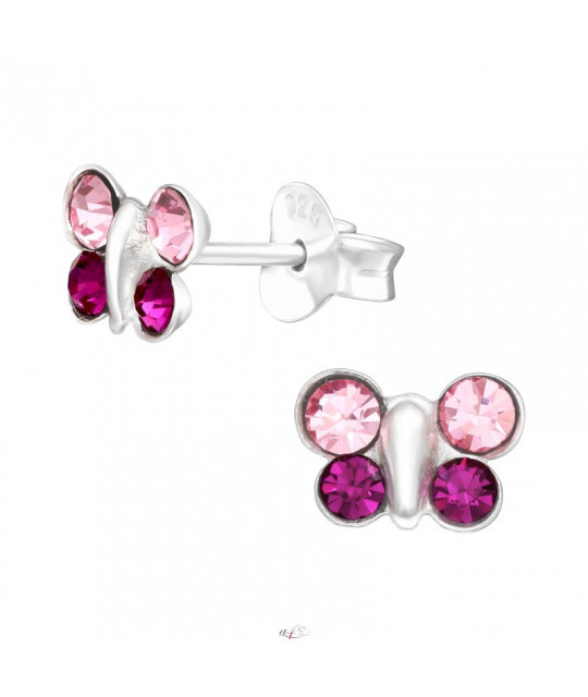 Серебряные серьги с кристаллами и цирконием, Розово-фиолетовая бабочка