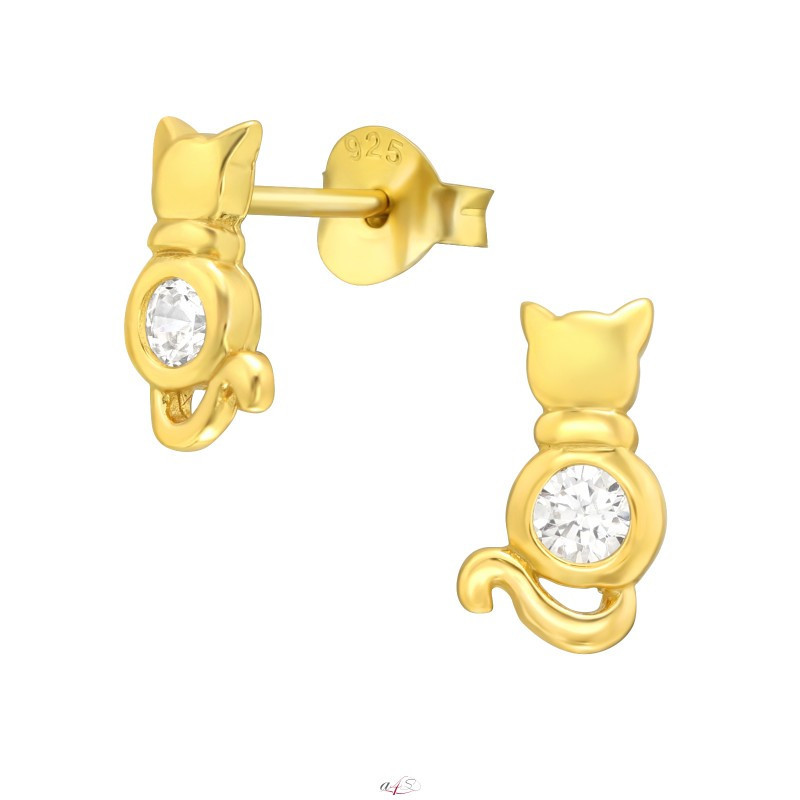 Gold-plated earrings with zirconia, White cat