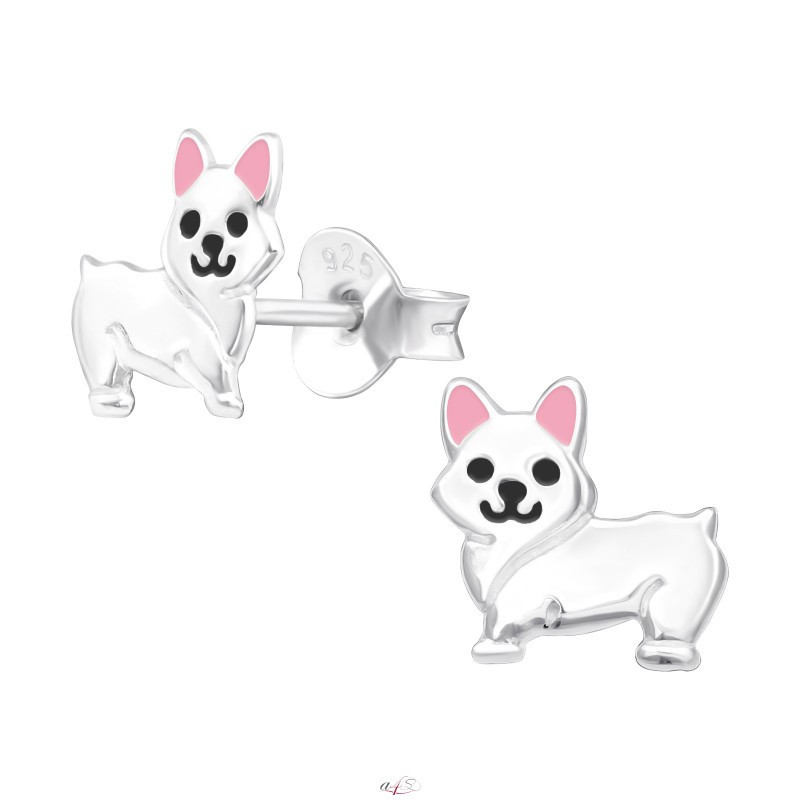 Silver earrings with enamel colors, Dog with pink ears