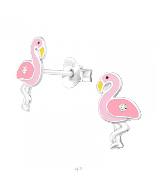 Silver earrings with enamel colors, pink Flamingo