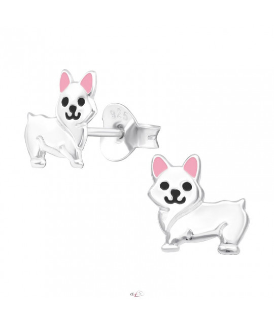 Silver earrings with enamel colors, Dog with pink ears