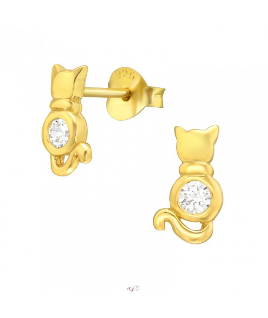 Gold-plated earrings with zirconia, White cat