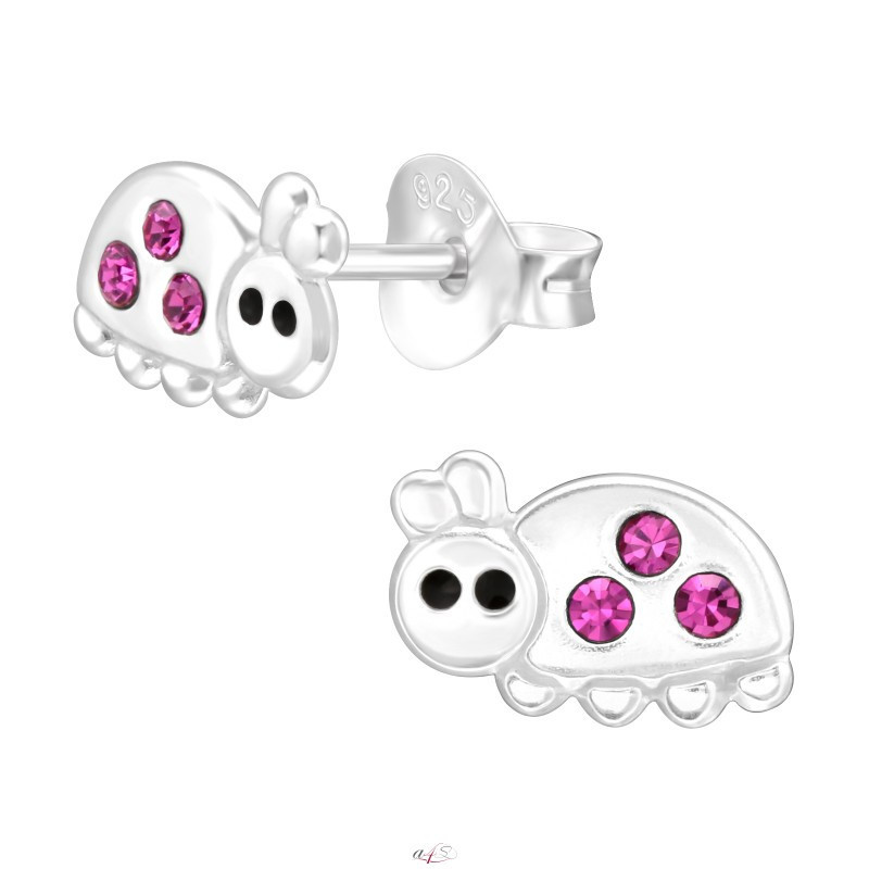 Silver earrings with stones, Ladybug with fuchsia crystals