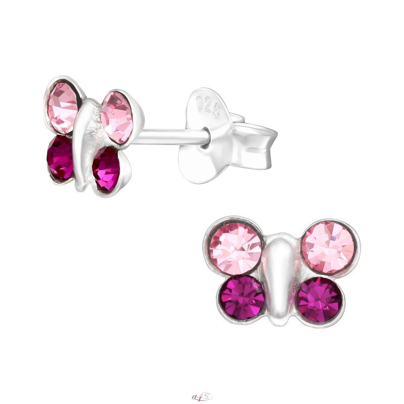 Серебряные серьги с кристаллами и цирконием, Розово-фиолетовая бабочка