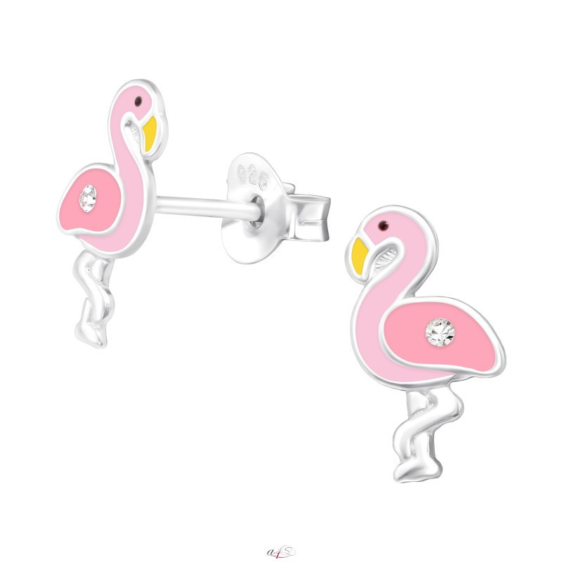 Silver earrings with enamel colors, pink Flamingo