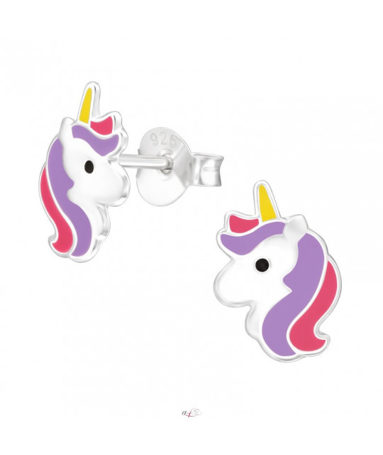 Silver earrings with enamel colors, Purple & pink unicorn