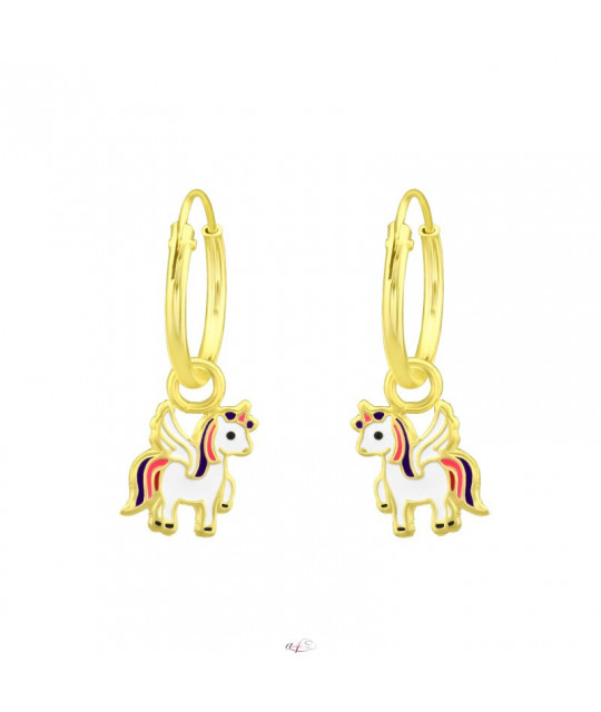 Gold-plated silver earrings hanging hoops, Unicorn