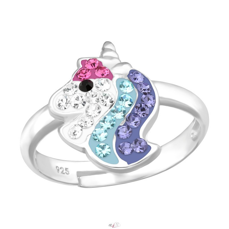 Adjustable silver ring for children, Blue and purple Unicorn