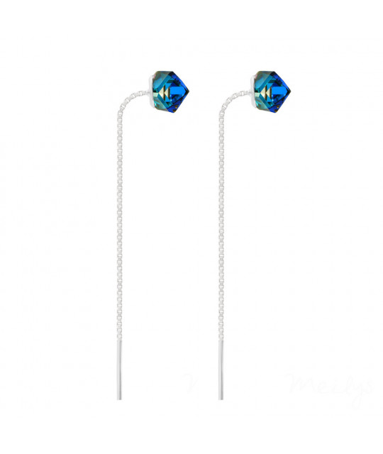 Sudraba ķēdes auskari ar kubu ar kristālu, Bermuda Blue