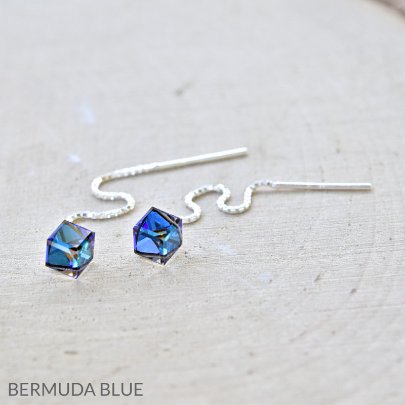 Серебряные серьги-цепочки в форме куба с кристаллами, Bermuda Blue