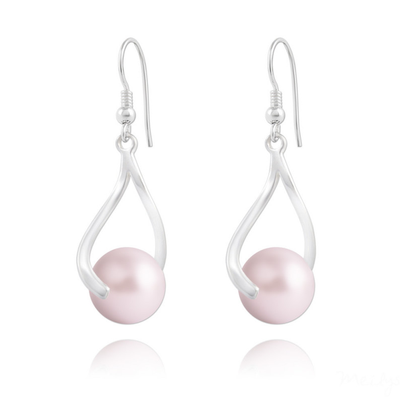 Silver earrings curvy nacreous Crystal Pearl, Pastel Rose