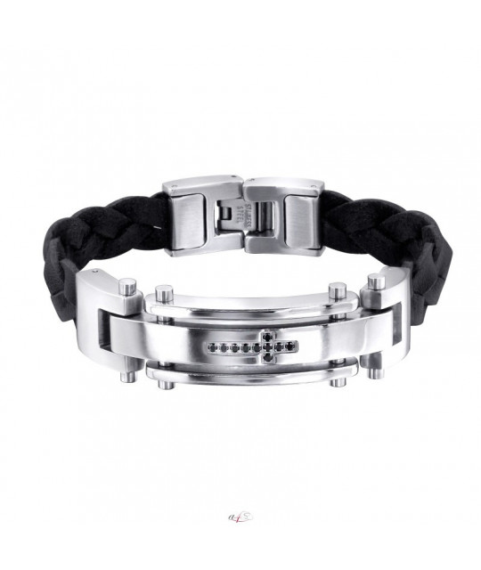 Stainless steel men's bracelet with leather strap