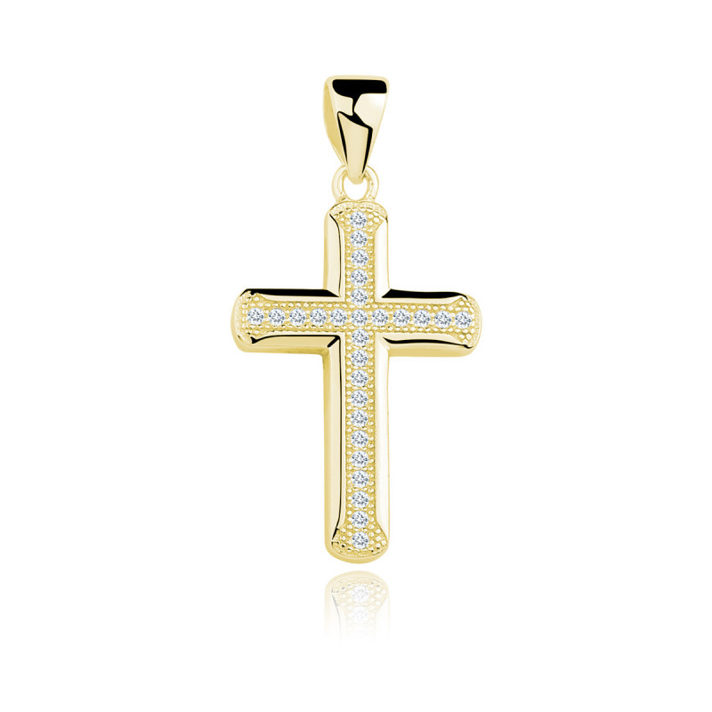 Gold-plated silver pendant cross with two rows of zircon