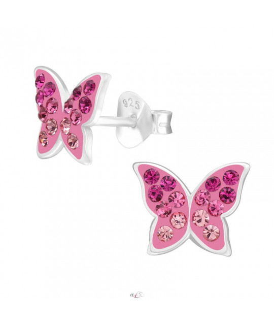 Silver earrings, Fuchsia butterfly