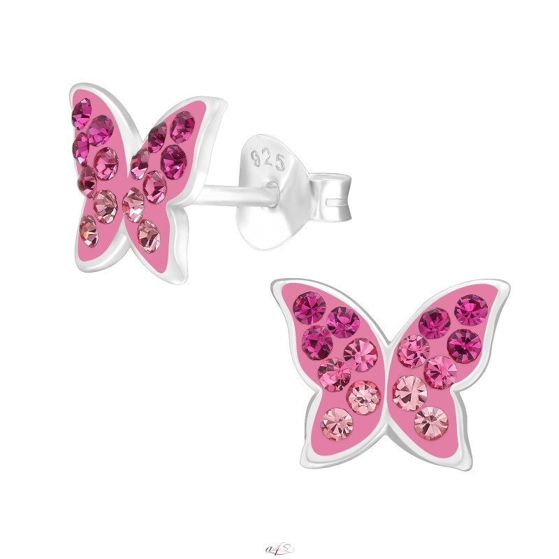 Silver earrings, Fuchsia butterfly