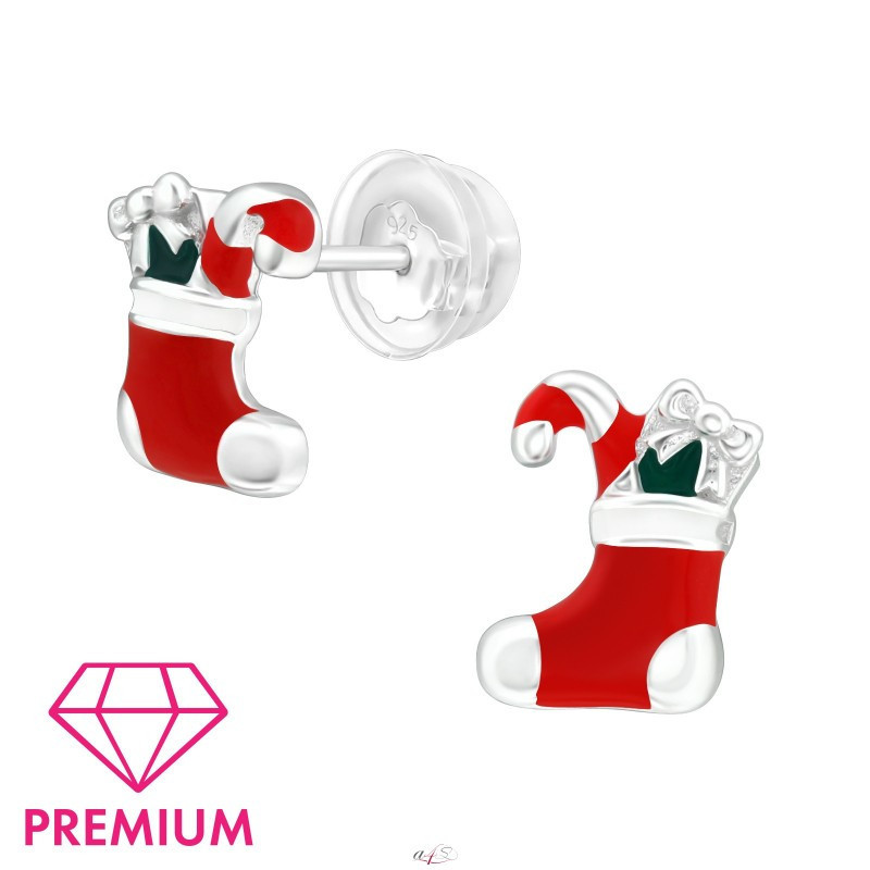 Silver earrings with enamel, Christmas Socks
