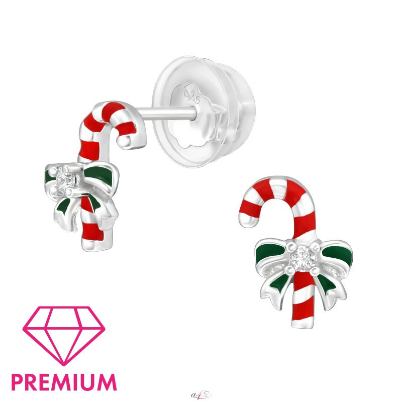 Silver earrings with enamel, Candy Canes