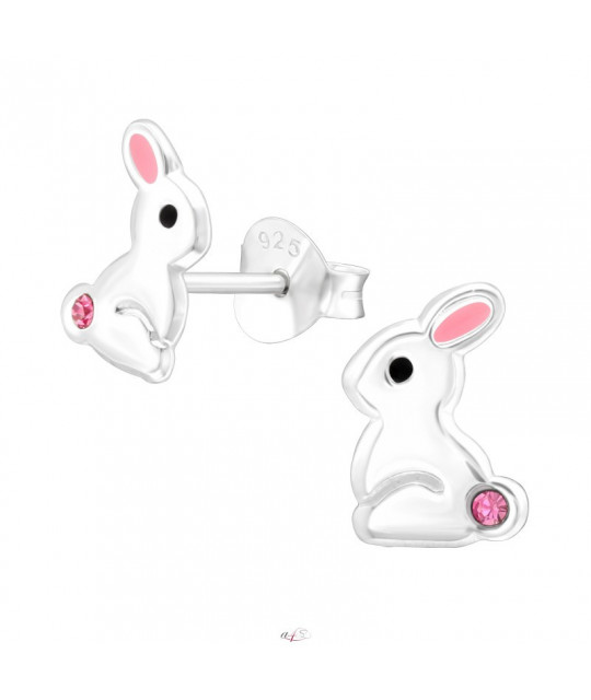 Silver earrings, Standing Rabbit with pink crystal tail