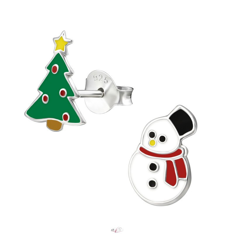 Silver earrings, Christmas Tree and Snowman