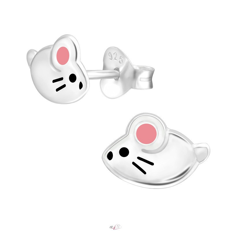 Silver earrings, Mouse with pink ears