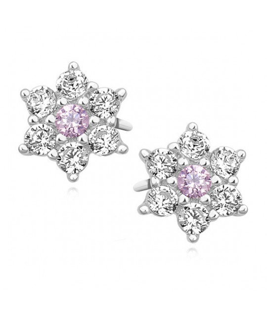 Silver earrings with light pink zircon, Flower
