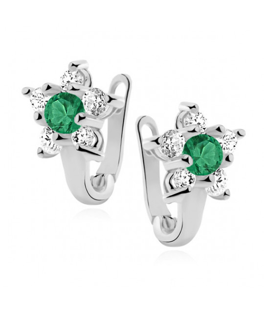 Silver earrings with green and white zircon, Flower