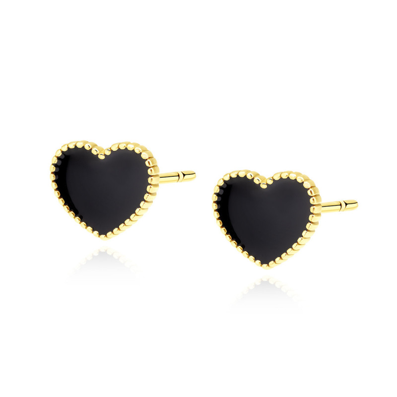 Gold-plated silver black enameled earrings, Hearts